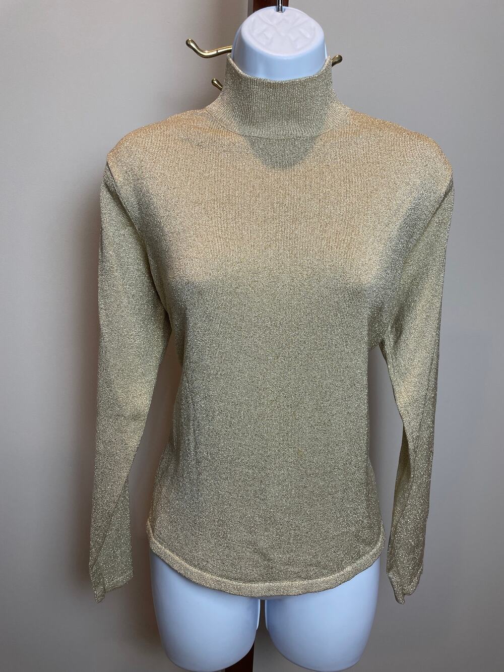 Talbots Gold Metallic Thread Mock‑Neck Stretch Knit Top Size M